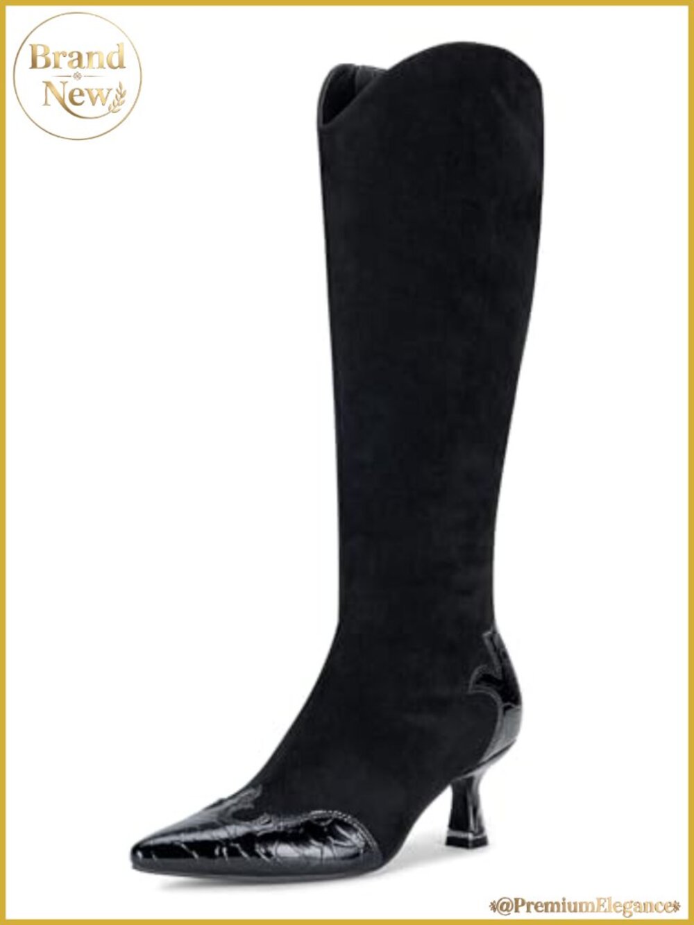 Knee High Boots Pointed Toe Kitten Heel Faux Leather Zip Dress Boots
